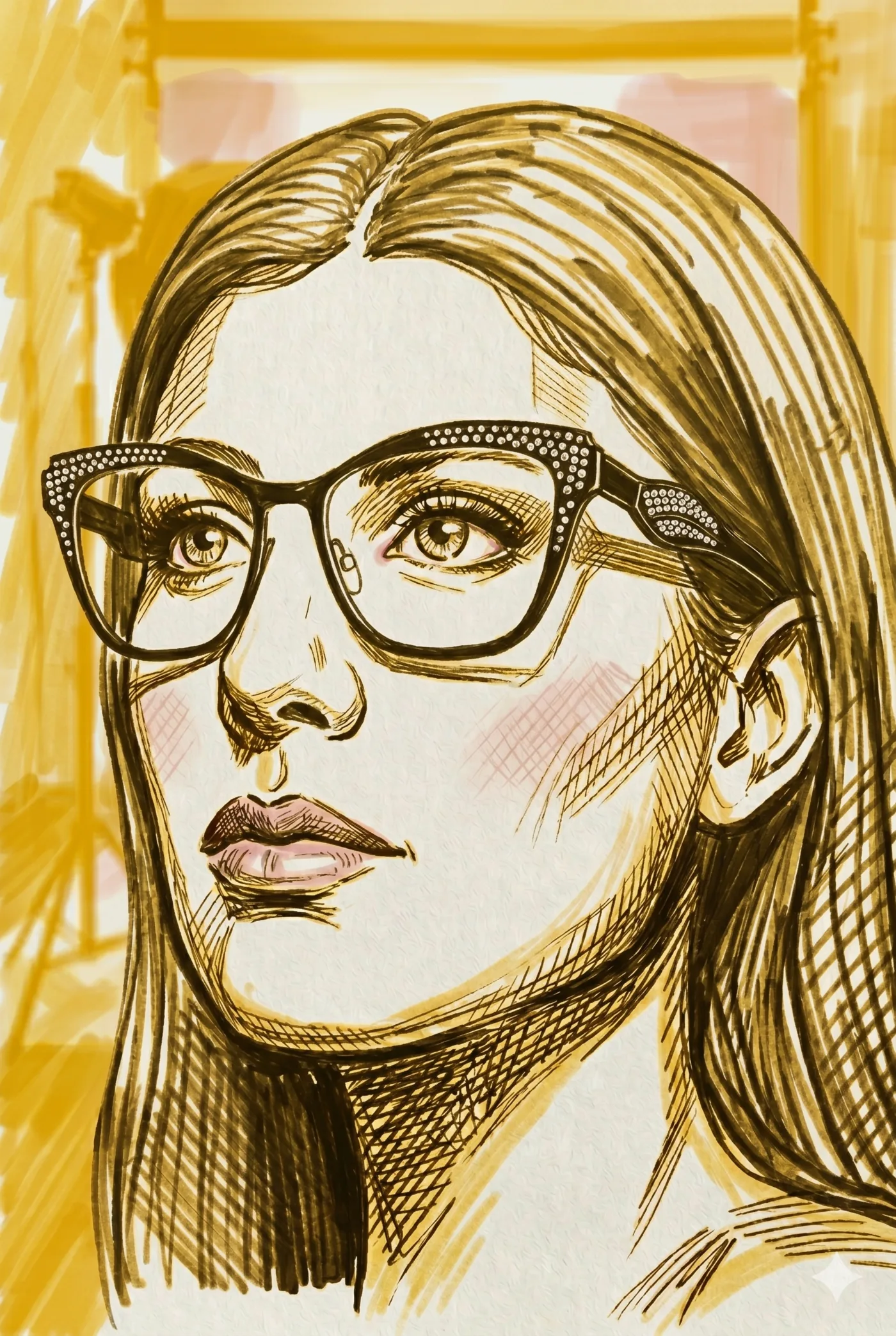 Illustrated portrait of woman wearing Caviar 1816 — black acetate frames with hand-set crystal detail