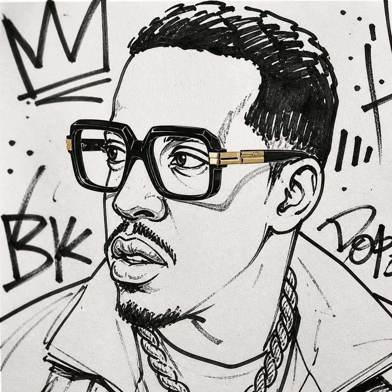 Line-art illustration of Cazal 607 — oversized aviator silhouette with gold accents, Berlin Kreuzberg 1983