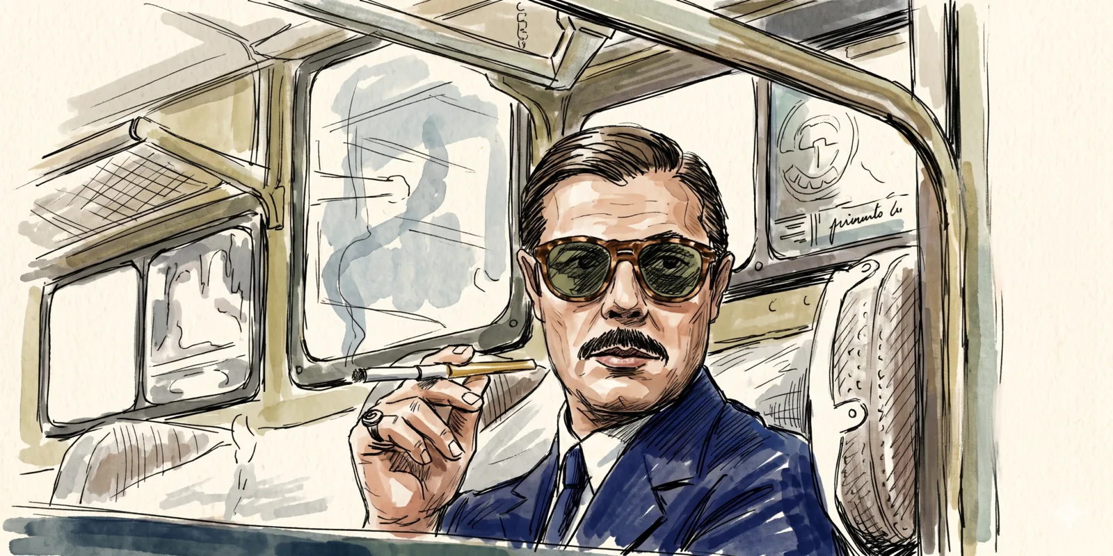 Illustrated portrait of Marcello Mastroianni wearing Persol 649 — Havana tortoise frame, Milan 1961